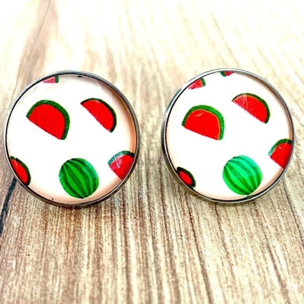 20mm Stainless Steel Watermelon Print Stud Earrings, NWT, Handmade, Unworn